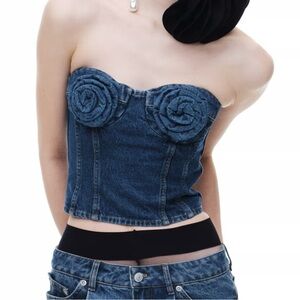 Magda Butrym x H&M Blue Denim Strapless Crop Top with Rosette Details